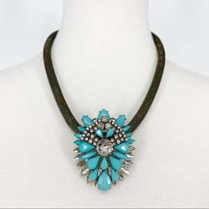 Turquoise Rhinestone Crystal Pendant Mesh Chain Statement Necklace Vintage Glam